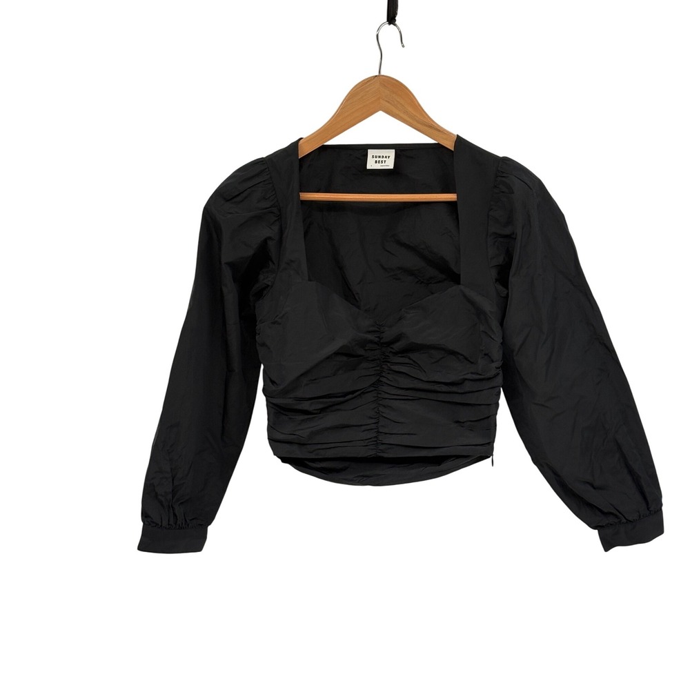 Aritzia Sunday Best Puff Sleeve Crop Top Women Size 4‎ Black Long Sleeve
